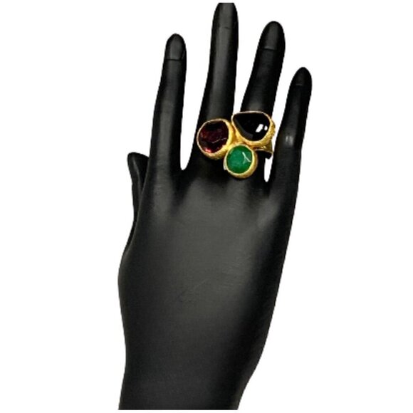 NEW Cocktail Ring 24K Gold Plated Onyx Amethyst Emerald Gem Cluster Adjustable - Picture 10 of 11